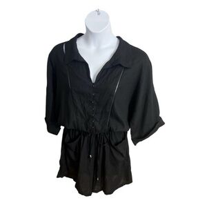 NWOT Black Button-Up Romper with Drawstring Waist